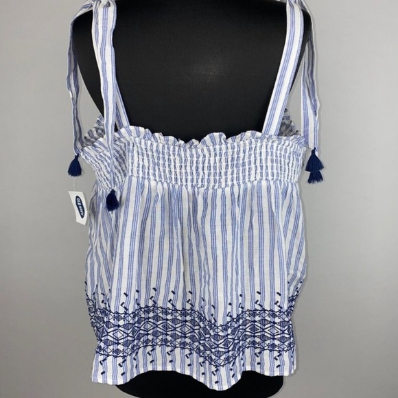 Old Navy NWT Sz Small Blue/White Smocked Striped
Embroidered Tie Strap Tank Top - Picture 3 of 9